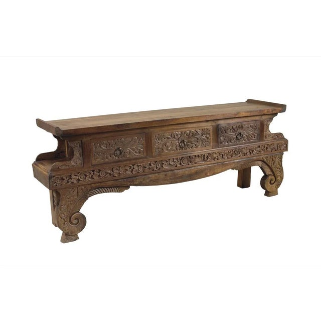 Hand Carved Natural Finished Teakwood Console Table, Floral Decoration
