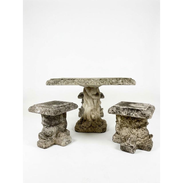Neoclassical Vintage Cast Stone Garden Dining Set With Dolphin Pedestal Table & Three Matching Stools For Sale - Image 3 of 12