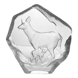 1990s Mats Jonasson “Deer, Doe & Fawn” Crystal Swedish Paperweight Sculpture