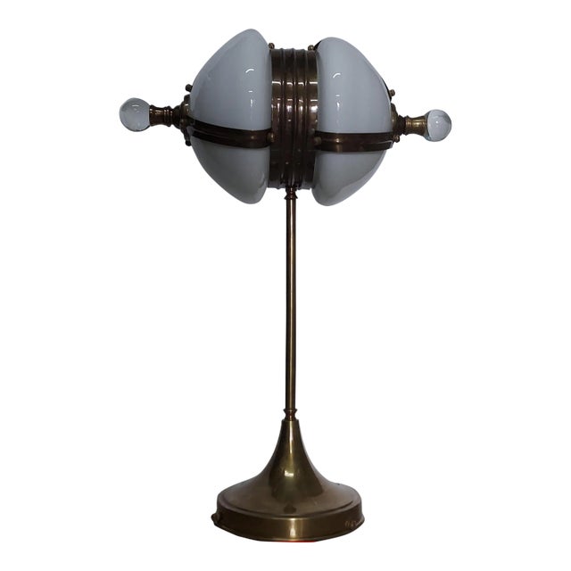 Vintage 1940s Art Deco Brass Table Lamp Light with Milk Glass Shade For Sale