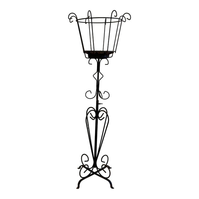 Vintage Mid-Century French Wrought Iron Sculptural Plant Stand With Scrollwork Base For Sale