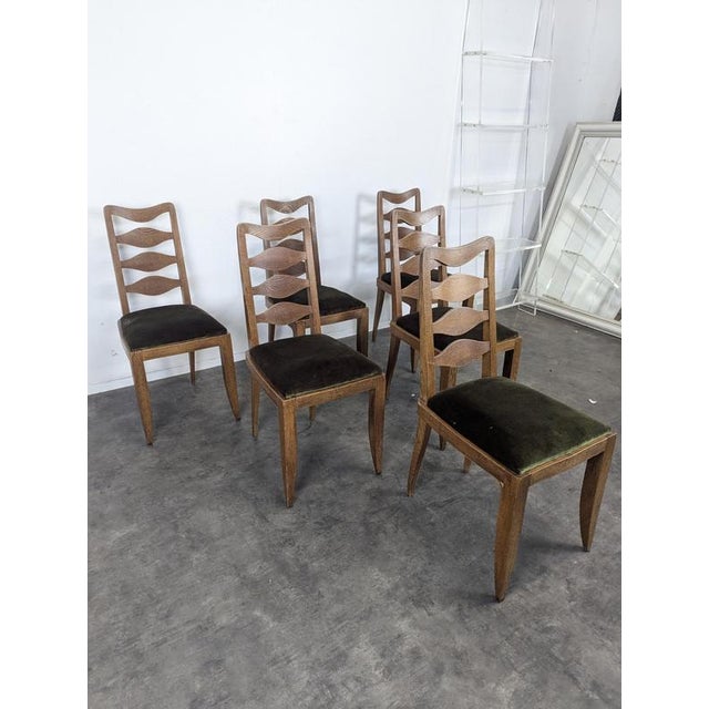 Oak Chairs with Diamond-Patterned Backs and Green Velvet Upholstery, 1940s, Set of 6, in Very Good conditions. Designed...