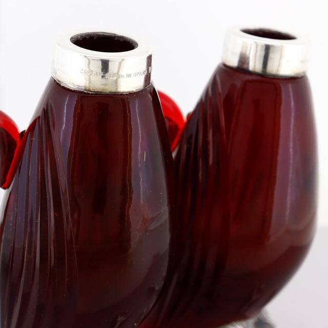 Pair Cartier Sterling Silver & Ruby Red Cut Glass Oil & Vinegar Cruet Decanters For Sale - Image 12 of 18