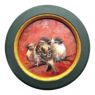 Original Sparrow Oil Painting Framed, Miniature Bird Art by Valeriya Serova For Sale