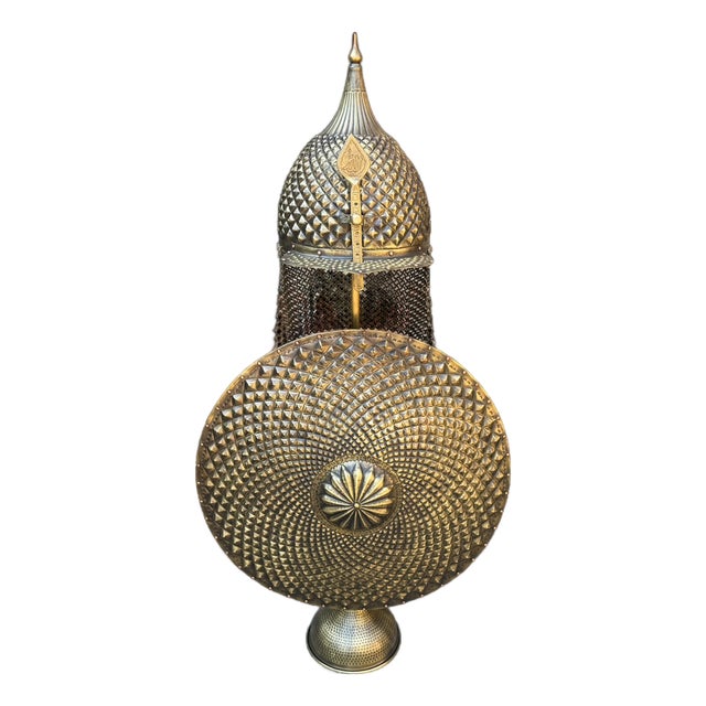 Large Hand Hammered Brass Helmet Shield Set For Sale