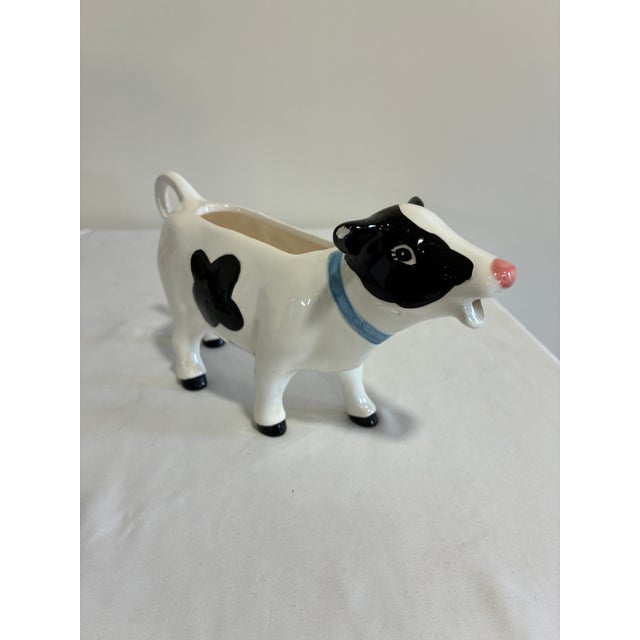 Mid-Century Modern Vintage Ceramic Cow Creamer With Blue Bow For Sale - Image 3 of 9