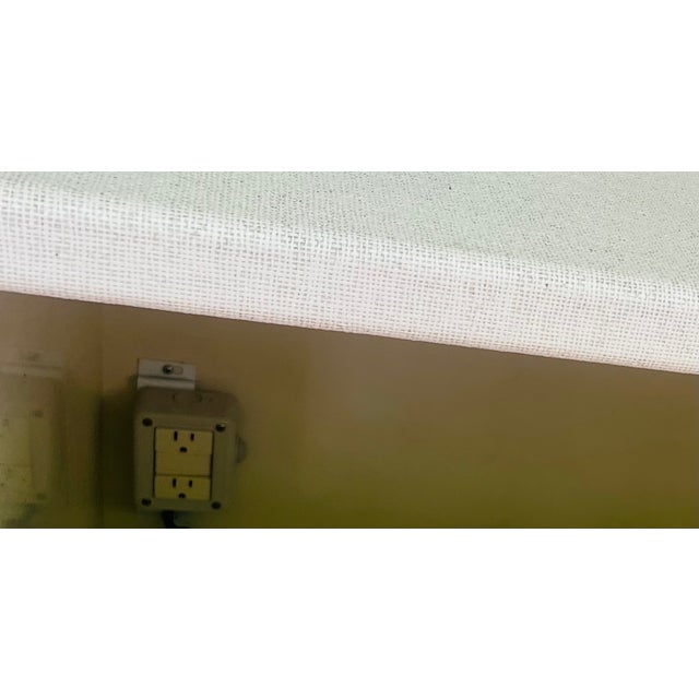 Late 20th Century Contemporary Painted Raffia Motorized Lift Bar Cabinet | Illuminated Entertaining Credenza | Hidden Cocktail Station For Sale - Image 10 of 15