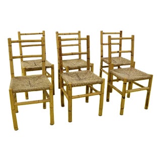 Bamboo Chairs with Woven Straw Seats, Set of 6 For Sale