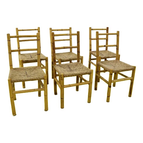 Bamboo Chairs with Woven Straw Seats, Set of 6 For Sale