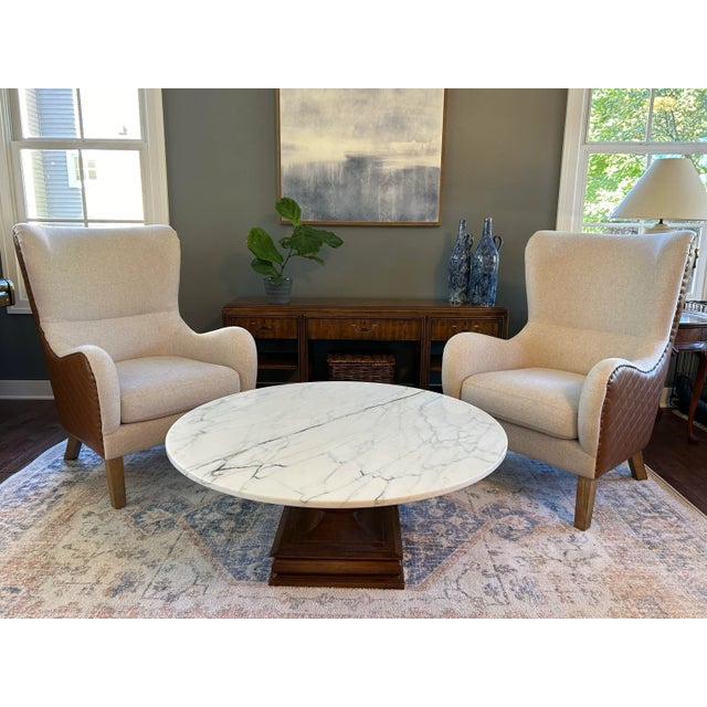 Beige Lillian August Style Wingback Chairs, Pair – Oatmeal Beige Mistral Upholstery, Diamond-Stitched Faux Leather, Nailhead Trim For Sale - Image 8 of 11