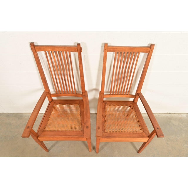 Mid 20th Century Stickley Style Arts & Crafts Teak and Cane Armchairs, Pair For Sale - Image 5 of 13