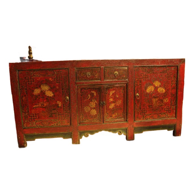 Hand Painted Tibetan Cabinet Late 18th C. Early 19th C. Elmwood Wedding Cabinet/Sideboard For Sale