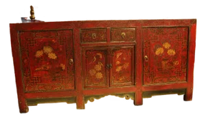 Hand Painted Tibetan Cabinet Late 18th C. Early 19th C. Elmwood Wedding Cabinet/Sideboard