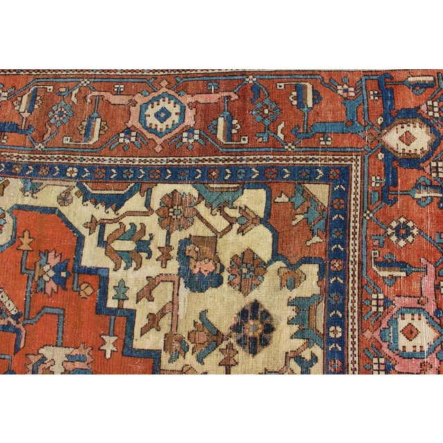 Antique Persian Serapi Rug in Geometric Medallion Design With Orange & Blue 8'2 X 11'3 For Sale - Image 14 of 16