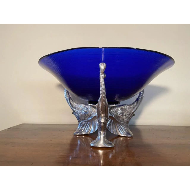 Arthur Court 1990s Arthur Court Elephant Base Cobalt Blue Glass Console Serving Bowl For Sale - Image 4 of 11
