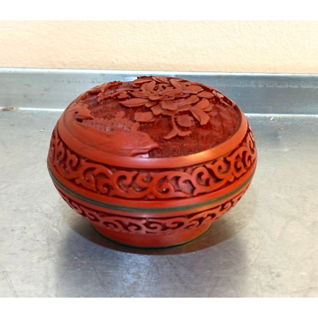 Asian Carved Cinnabar Red Cloisonne Round Box For Sale - Image 3 of 4
