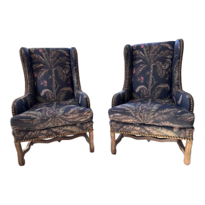 1960s Pair of Vintage Trouvailles Upholstered Wingback Nailhead Trimmed Chairs the Palms