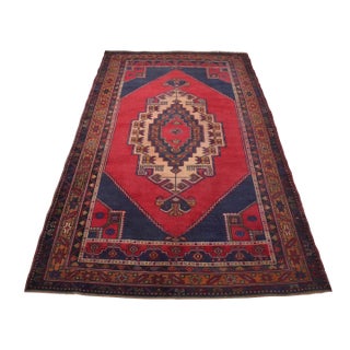 1960s Turkish Red and Navy Blue Hand Woven Faded Rug For Sale