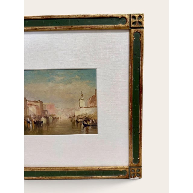 Traditional Vintage Italian Venice Canal Painting in Decorative Green and Gilt Frame, Acquired in Bellagio For Sale - Image 3 of 6