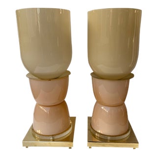 Contemporary Brass and Pink Powder Murano Glass Cup Lamps - Pair For Sale