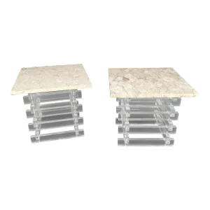 Stacked Lucite Square Marble Travertine Tops End Side Occasional Tables - A Pair