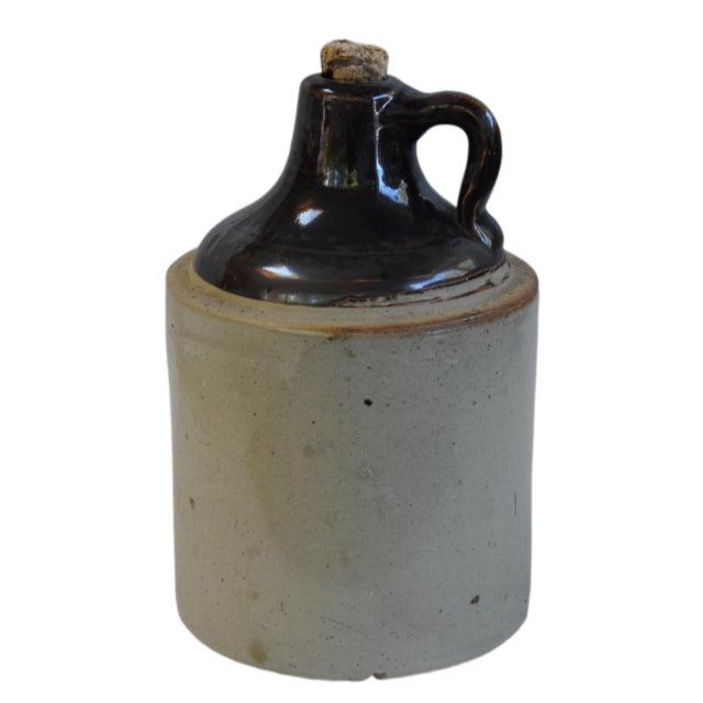 French Country Antique Two-Tone Stoneware Whiskey Moonshine Jug With Handle For Sale - Image 3 of 5