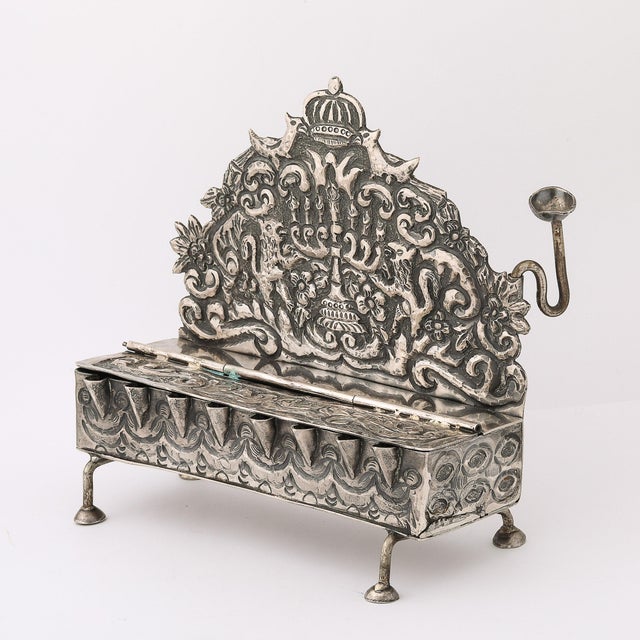 Baroque 19th Century Hand-Worked Repoussé Sterling Oil Lamp Footed Menorah For Sale - Image 13 of 18