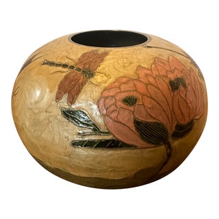 1960s Vintage Cloisonné Brass & Enamel Vase Lotus Flowers & Dragonflies For Sale