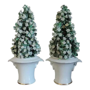 Antique 18th C. English Derby William Duesbury & Co Porcelain Obelisk Trophies as Flowering Topiary Shrubs in Neoclassical Garden Tubs 1765 - a Pair