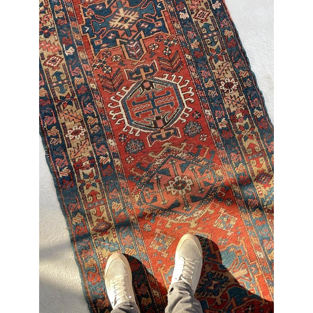 Antique Northwest Persian Heriz Runner Rust, Camel, French Blue Rug 3.4 x 10.6 For Sale - Image 10 of 12