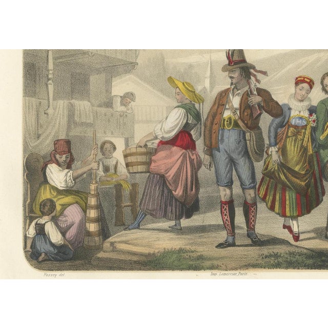 After Fossey, Swiss and Tyrolean Costumes, Fiancés of Fribourg and Tyrolean Figures, 1845, Lithograph For Sale - Image 7 of 9