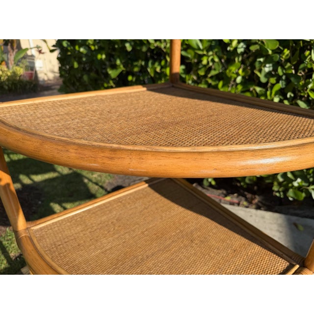 Vintage Tall Palm Beach Coastal Woven Rattan Corner Étagères, Pair For Sale - Image 4 of 12