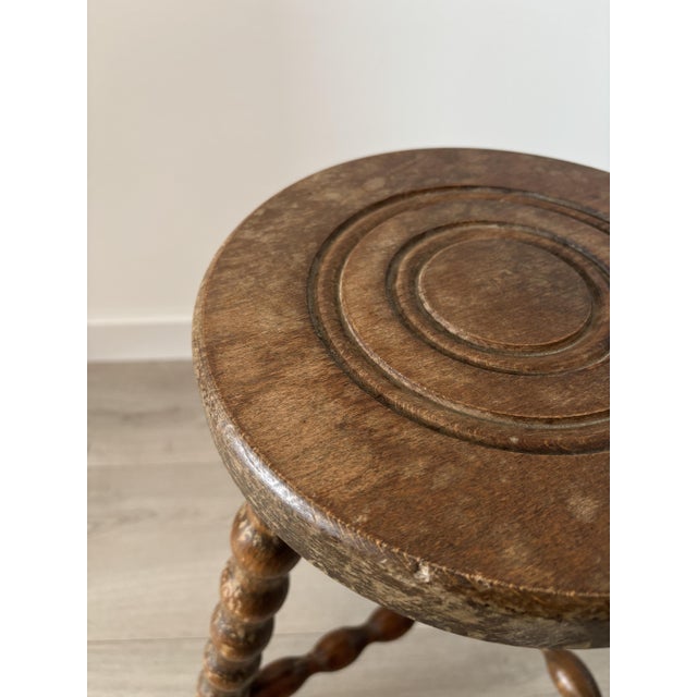 1950s Antique French Wood Stool with Turned Legs, 1950s For Sale - Image 5 of 10