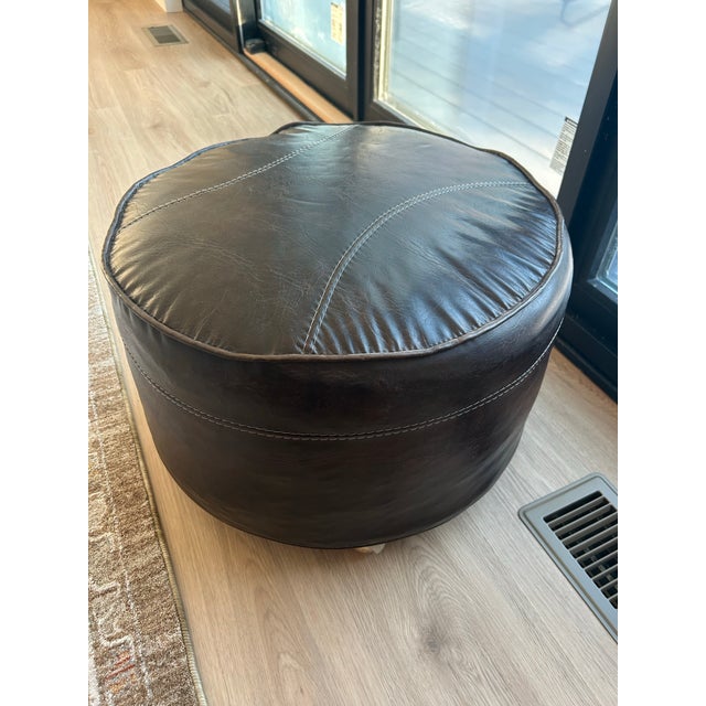 Midcentury Modern Faux Leather Ottoman on Roller Wheels in Dark Brown For Sale - Image 6 of 8