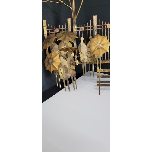 1970s Brutalist Brass Wall Sculpture — Rainy Day Bus Stop Scene, Tree & Umbrella Figures, Jere Style For Sale - Image 10 of 11