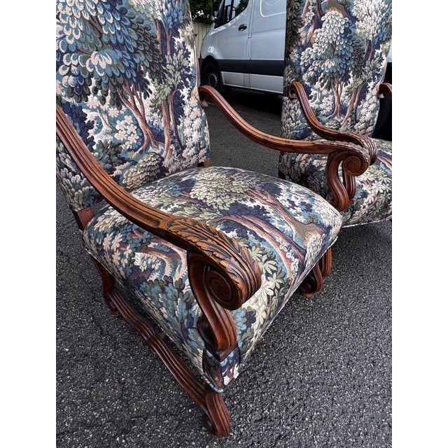 French Newly Upholstered French Arm Chairs For Sale - Image 3 of 11