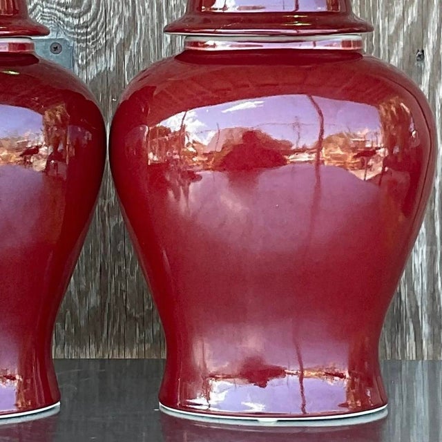 Vintage Asian “Sang De Boeuf” Glazed Ceramic Ginger Jar Urns - a Pair For Sale - Image 9 of 12
