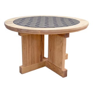 Artisan Solid Maple Round Coffee Table With Hand-Woven Leather Inlay For Sale