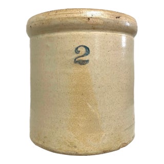 Antique Early American Salt-Glazed Cream & Cobalt Blue Large Stoneware Crock For Sale