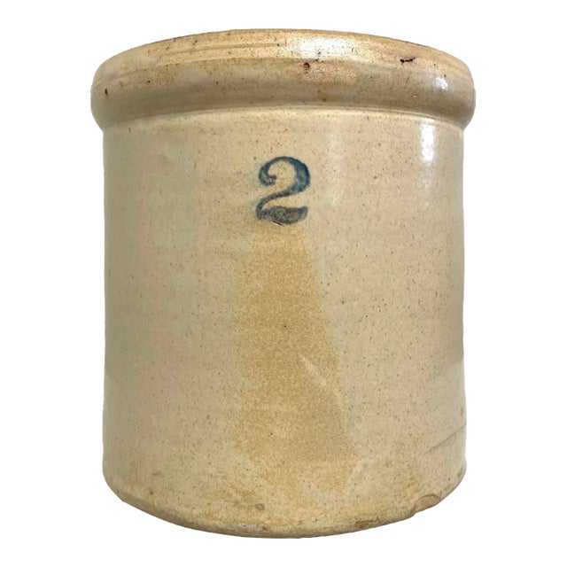 Antique Early American Salt-Glazed Cream & Cobalt Blue Large Stoneware Crock For Sale
