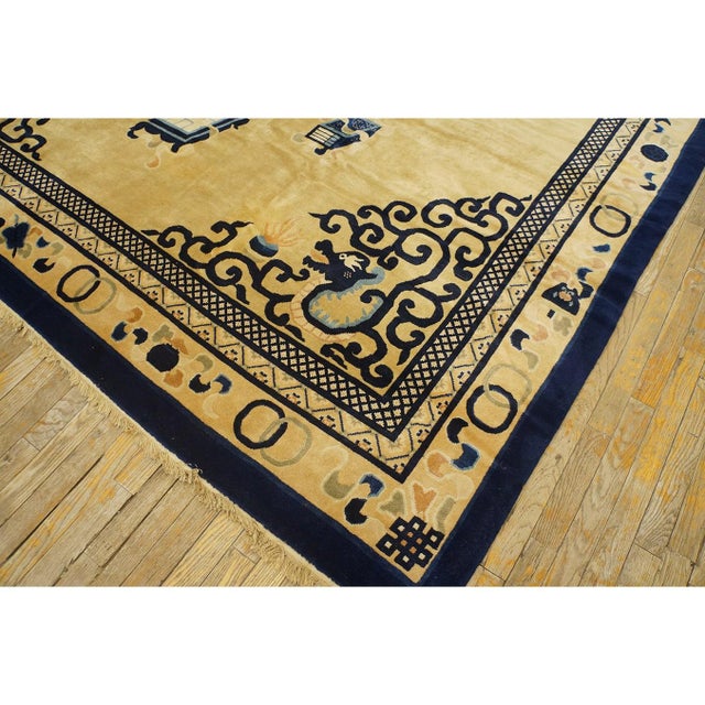 Textile Vintage 1980s Ivory Medallion Chinese Peking Protective Symbol Rug 8'10" X 12' For Sale - Image 7 of 10