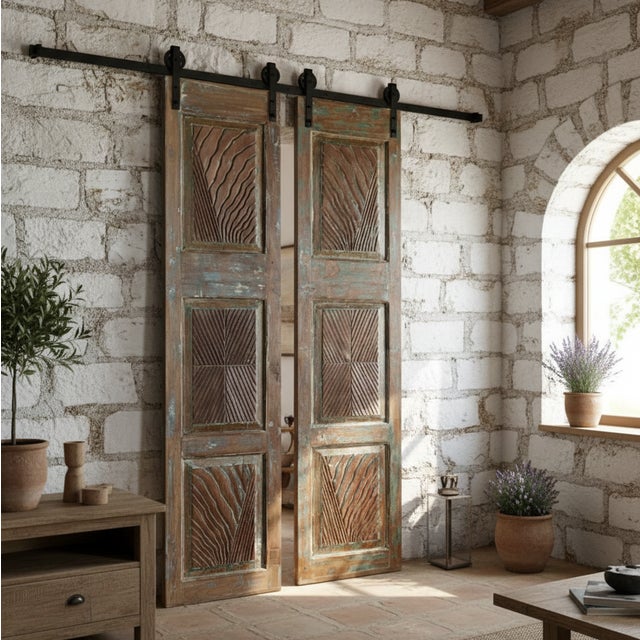 Mid-Century Modern Vintage Carved Waves Barn Doors – Reclaimed Wood Double Doors 80x38 For Sale - Image 3 of 3