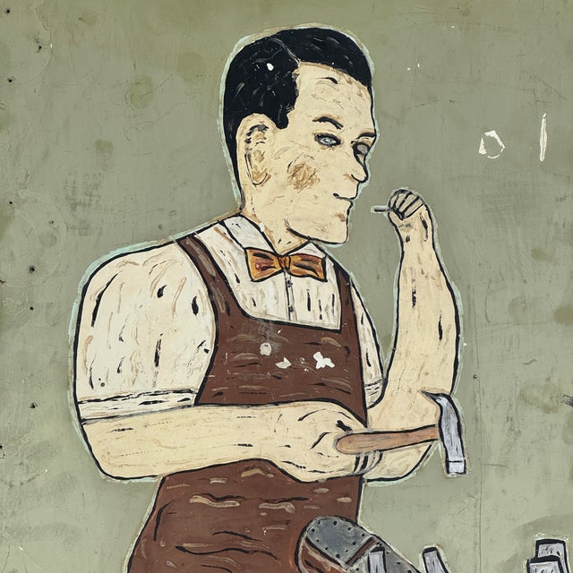 Astounding 1920s Art Deco Hand Painted "The Shoemakers" Trade Sign With Carved Letters & the Cobbler For Sale - Image 4 of 12