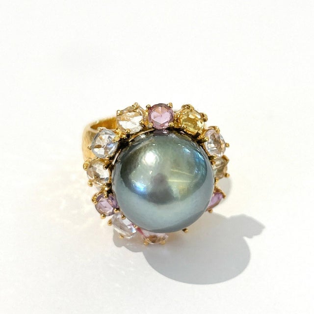 Bochic "Orient" Tahiti Pearl & Multi Color Sapphire Ring Set 18K Gold & Silver For Sale - Image 18 of 18