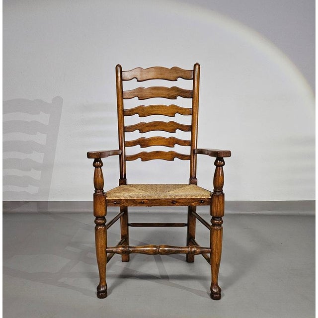 Rustic Oak Farmhouse Ladderback Dining Chairs with Rush Seats, 1960s, Set of 4 For Sale - Image 11 of 18