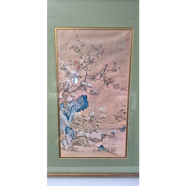 Pair Chinese Asian Silk Watercolor 1940s Paintings ~ Framed & Signed Paintings depict exotic birds and flowers and...