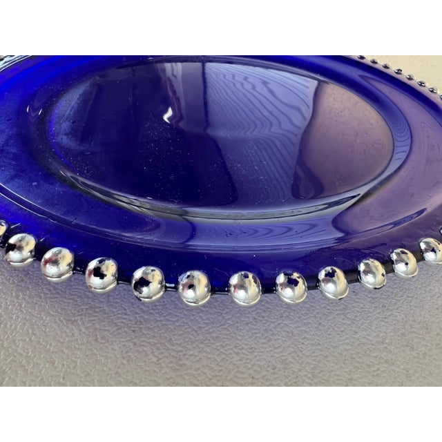 Shabby Chic Vintage Blue Glass Charger Plate With Silver Beads For Sale - Image 3 of 3
