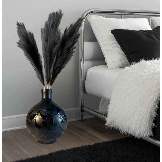 Large 16 In, Tall Bulbous Black Ceramic Leaf Design Vase For Sale In New York - Image 6 of 14