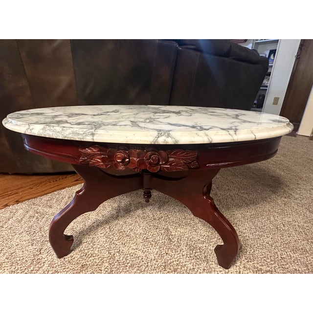 Vintage Oval Marble-Top Coffee Table With Carved Floral Apron (Nice) For Sale - Image 11 of 12