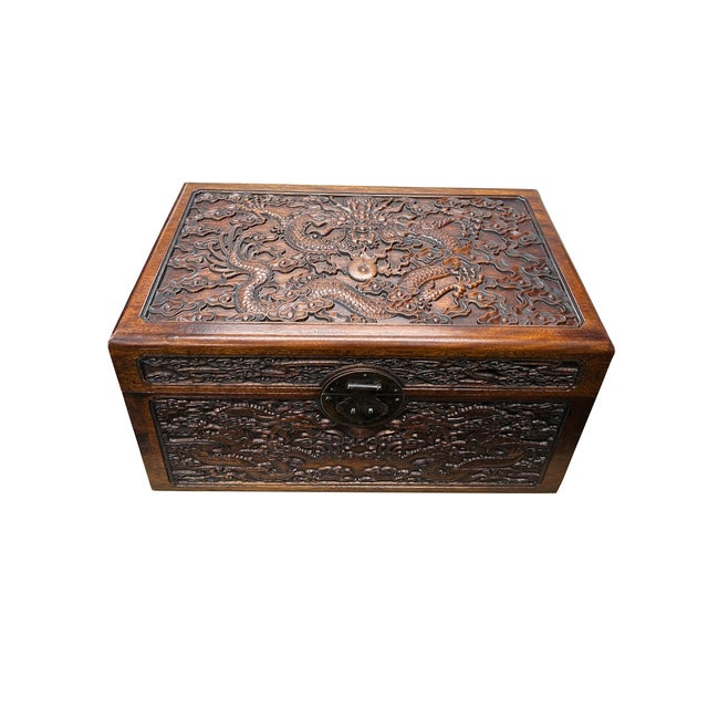 Oriental Dragons Motif Treasure Chest Box Distressed Brown Color Wood For Sale - Image 9 of 12